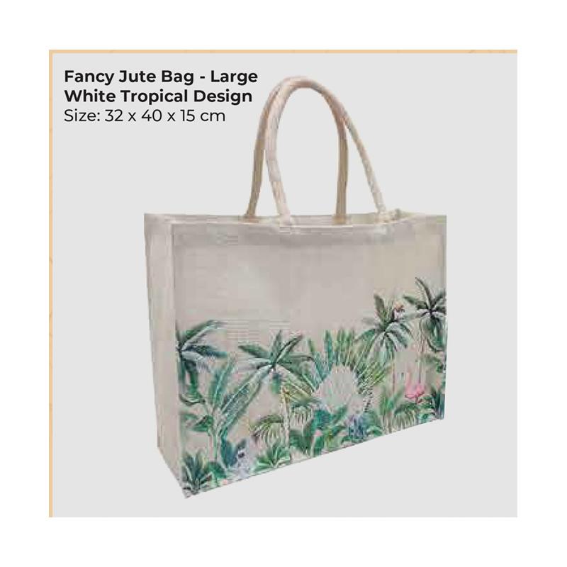 Fancy Jute Bag - Large White Tropical Design With Logo